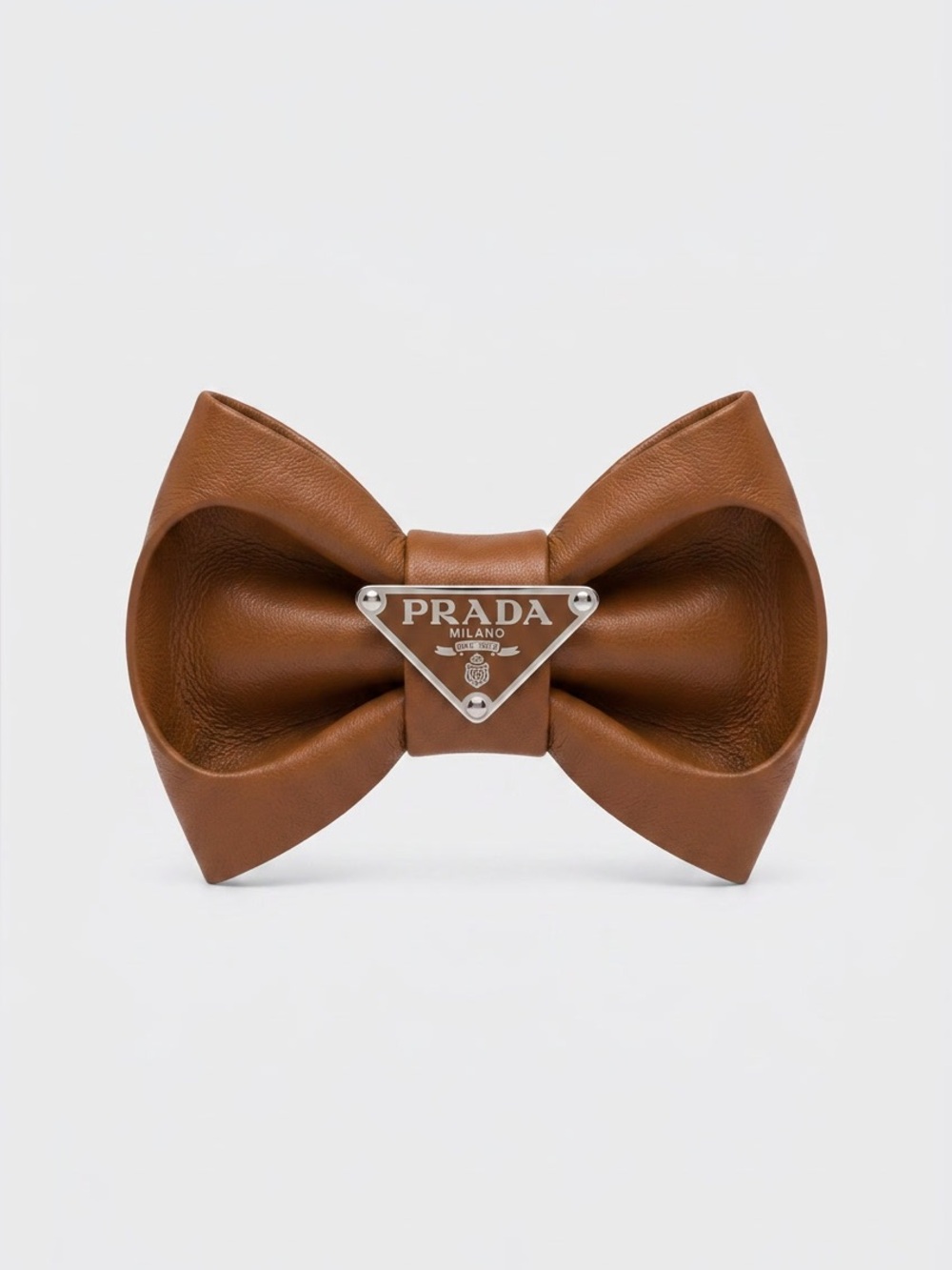 Tan Leather Bow Hair Clip with Logo Plaque